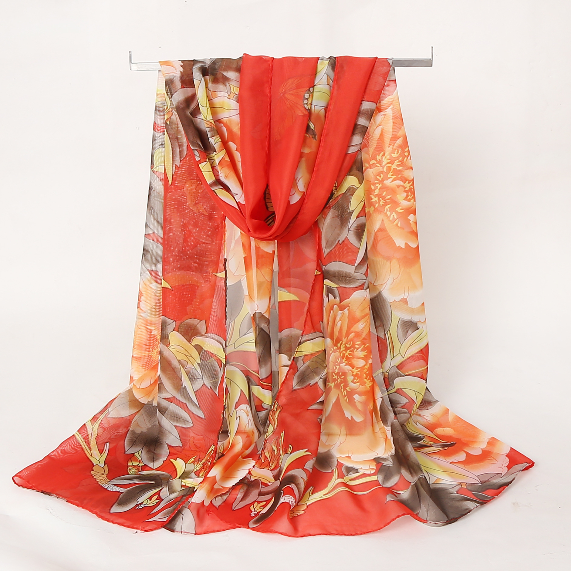K864 2024 new Korean scarf women's spring and summer chiffon printed silk scarf long versatile beach towel shawl factory direct sales