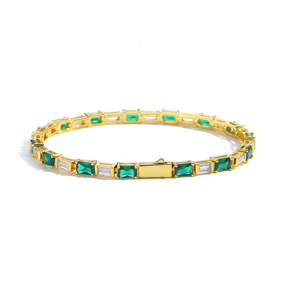 Sparkly Baguette Emerald Tennis Bracelet Spring Buckle Rectangular Green White Cubic Zirconia Bling Cz Stones Hip Hop Bangle For Women Wolf Tide Pulse