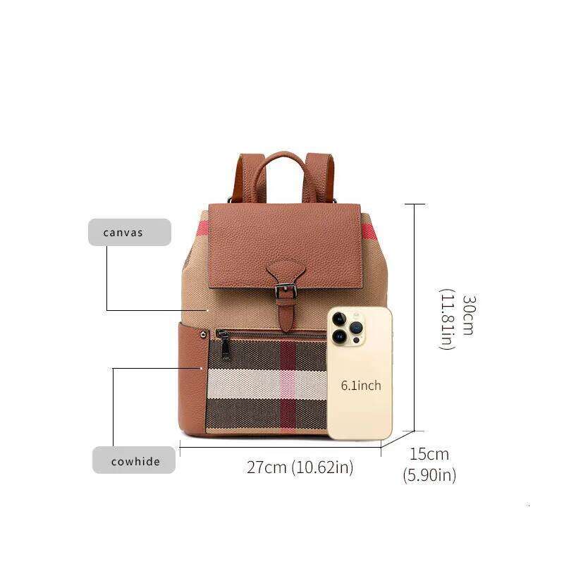 Genuine Leather Canvas Plaid Shoulder College Style Large Capacity Student Travel Lightweight Women's School Bag Backpack