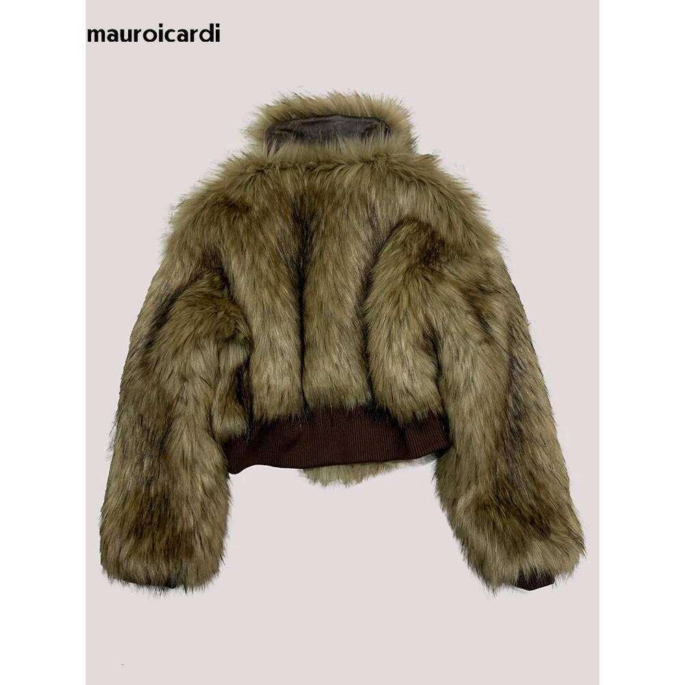 Mauroicardi Winter Short Warm Thick Hairy Shaggy Faux Raccoon Dog Fur Coat Women Long Sleeve Designer Fluffy Jacket 2025
