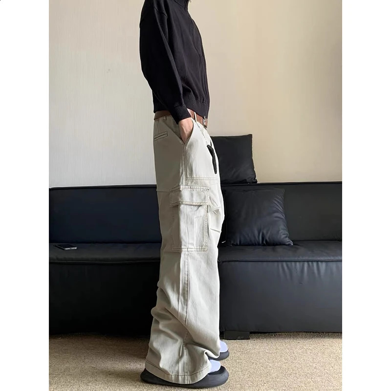 American Retro 2000s High Waist Full Length Jeans Pockets Hip-hop Baggy Cargo Pants Mens Casual Y2K Grunge Street Denim Trouser 250526