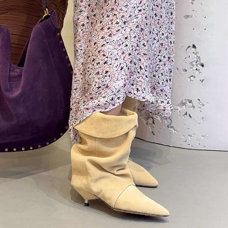 Korean Style Niche Design Pleated Slouch Pointed Toe Western Cowboy for Women 2024 New Autumn Winter Kitten Heel Ankle Boots