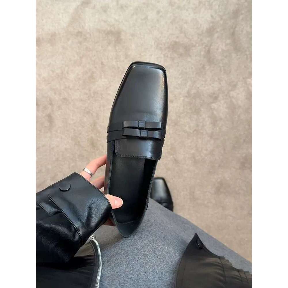 Genuine British Style Square Toe Low Heel Flat Loafers for Women 2025 Spring New Comfortable Bowknot Small Leather Single Shoes