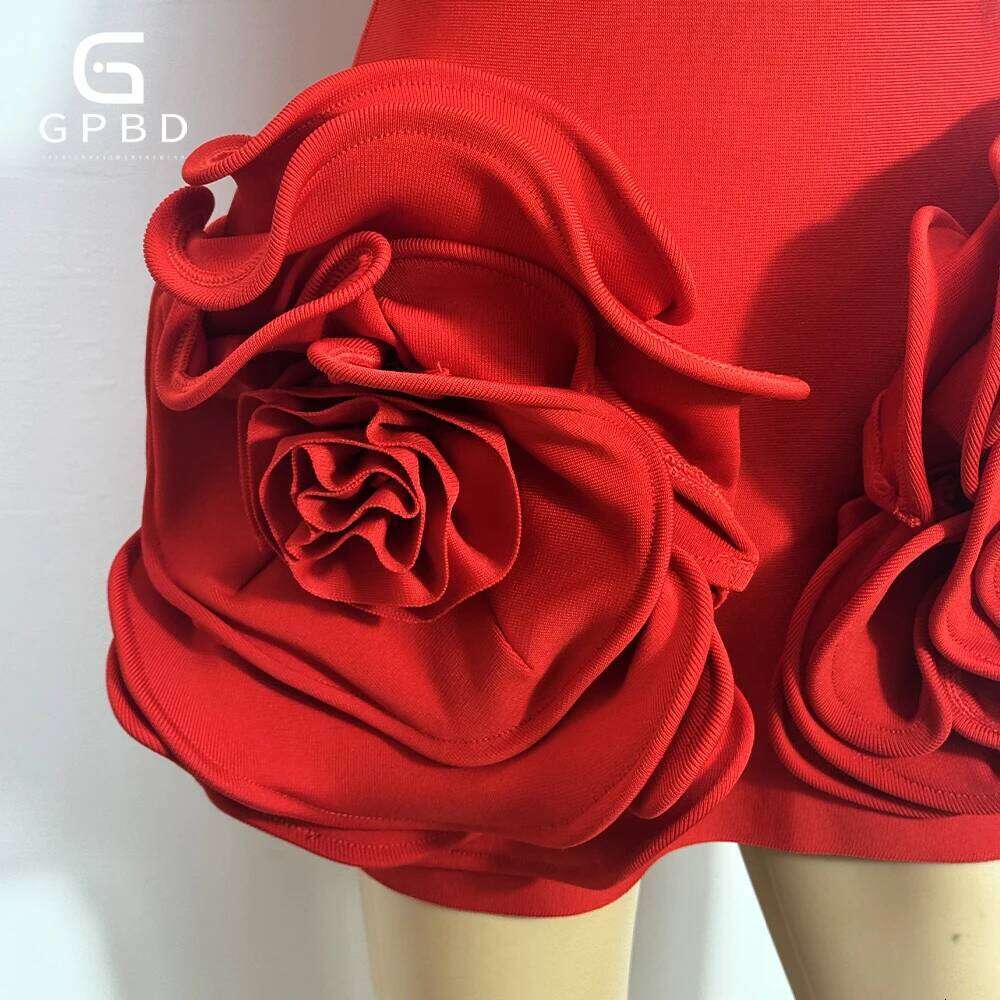 GPBD New Women's Sexy Strapless Handmade Three-Dimensional Big Flower Tight Mini Bandage Elegant Holiday Party Dress