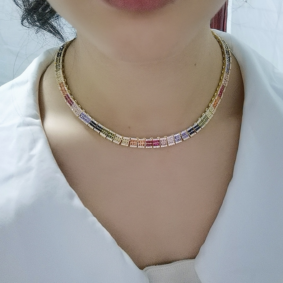 sdzstone 2025 NEW design Iced Out Rainbow Colorful Tennis Necklace Square Cubic Zirconia Paved Tennis Chain Cuban Link Dainty Jewelry Gift