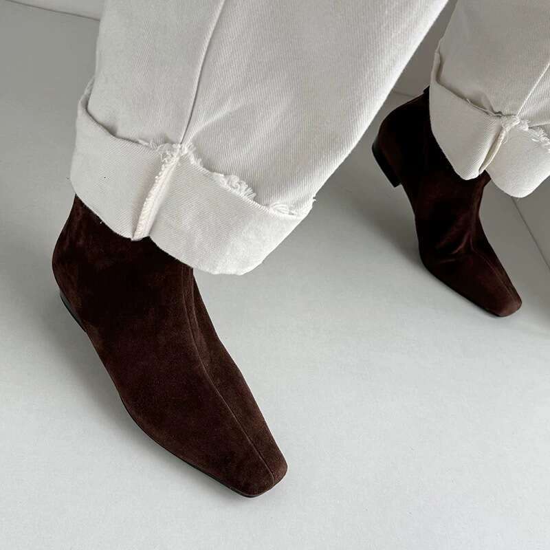 French Style Minimalist Square Toe Ankle Flat Slim with Back Zipper Short for Women Autumn Winter New Versatile Martin Boots