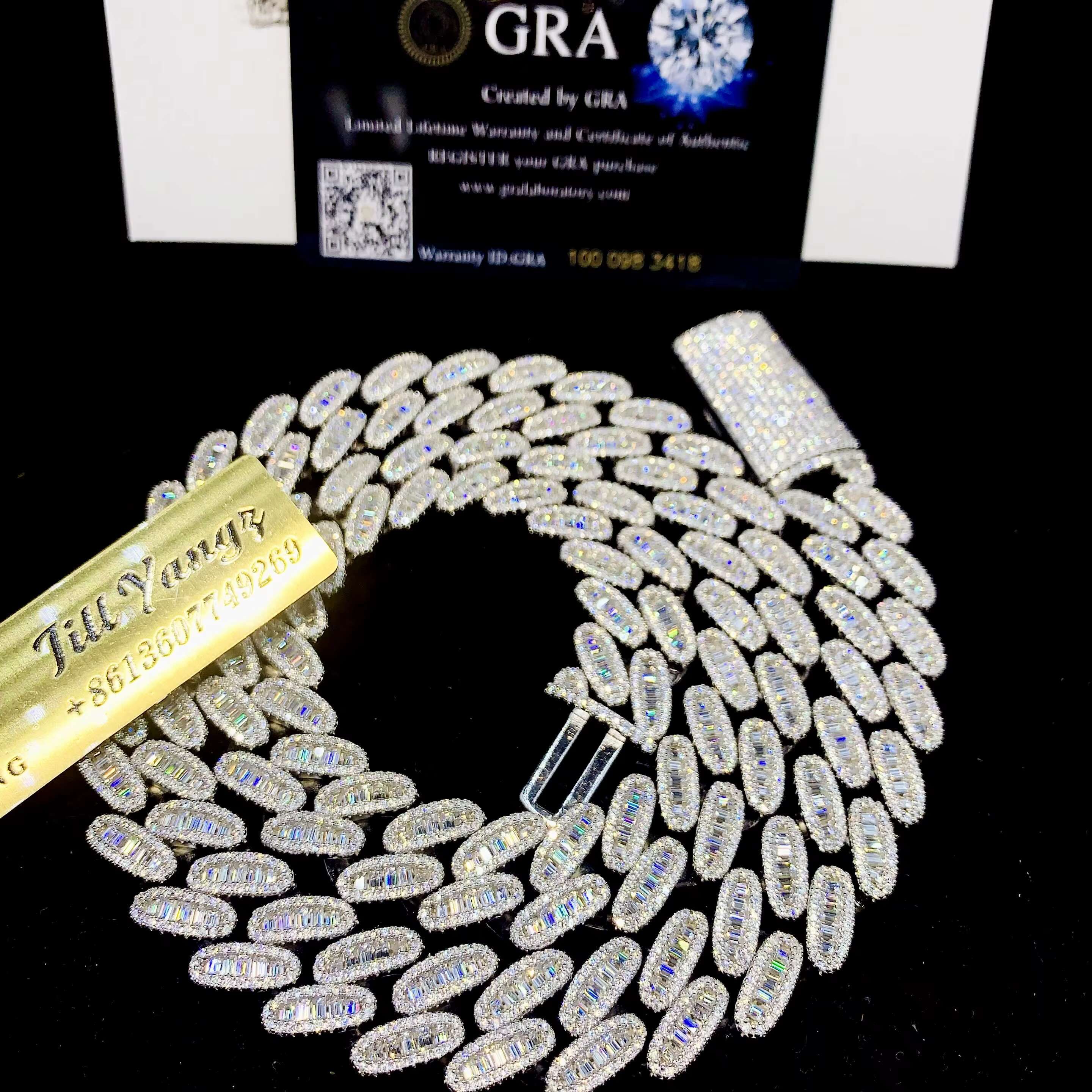 Passed Diamond Tester Heavy Luxury Baguette Diamond VVS Moissanite Cuban Link Chain Rapper Hip Hop Necklace Rock