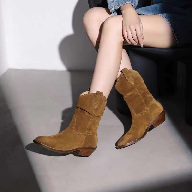 Niche Western Cowboy Mid-Calf Wrinkled Slouch Women 2024 New Autumn Winter Thick Heel Short Boots
