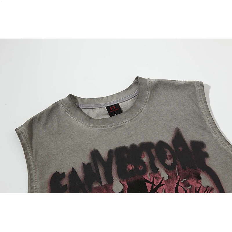 Summer Retro Cross Printed Tank Tops Y2k Men Oversize Sleeveless White Tshirt Hole Cut Vintage Washed Vest Cotton Streetwear 250517