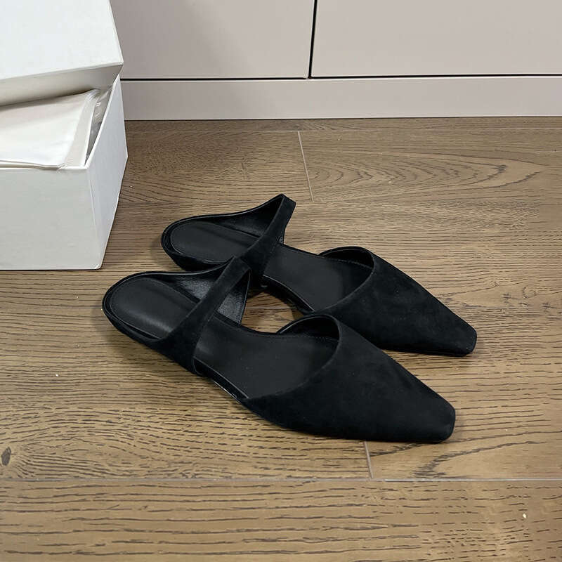 Genuine Leather Suede Mary Jane Women's Shoes Closed Half Slippers Flat Heel Pointed Toe Soft Sole Sandals