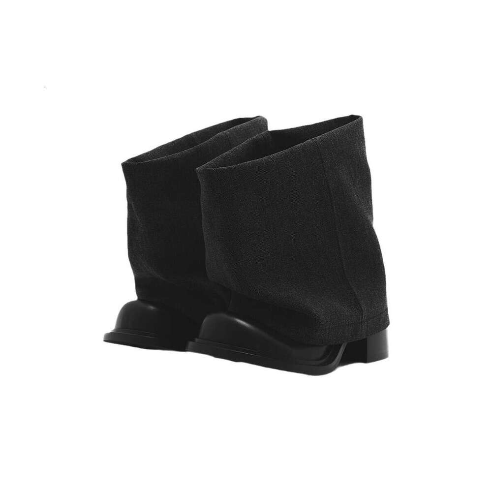Genuine Leather Niche Denim Round Toe Chunky Heel Short for Women 2024 New Fashion Slouch Boots