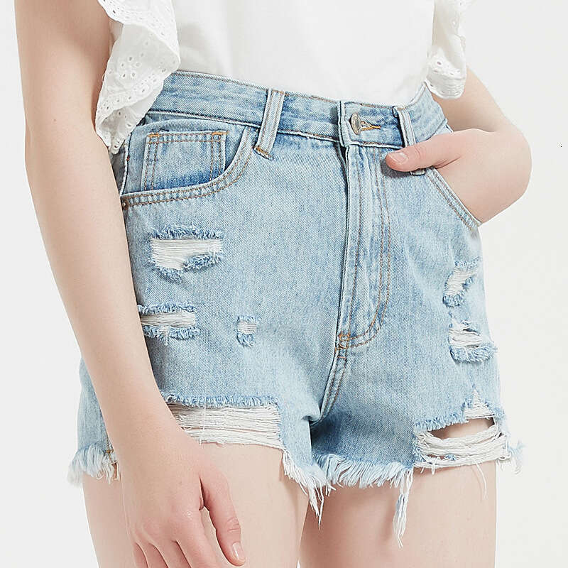 2022 Women's Summer New High-Waisted Denim Shorts with Rips Casual Hot Pants