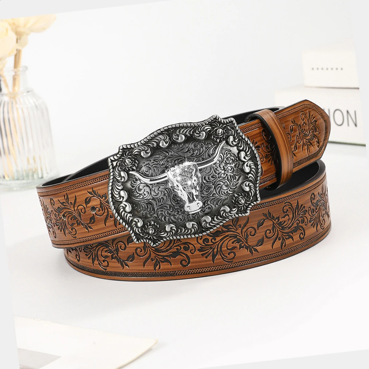 Vintage Turquoise Buckle Belt Classic Embossed Western Faux Leather Belt Vintage Denim Cowgirl Jeans Pants Belt for Women Daily 250521