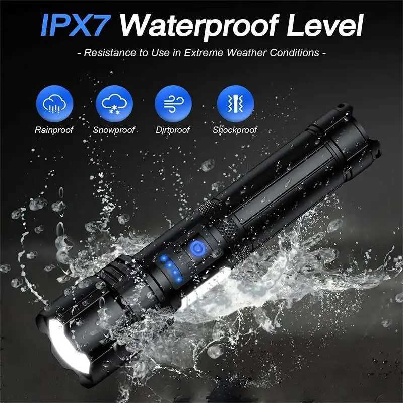 Rechargeable XHP90 LED Flashlight 10000 High Lumens Tactical Light Waterproof Zoomable 7 Mode Camping Emergencies FlashlightsXJ250529