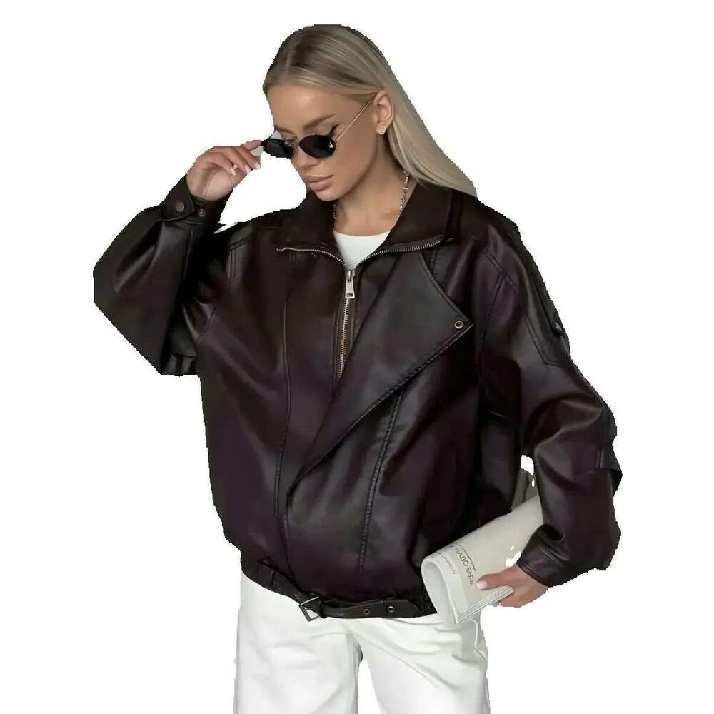 2025 Women's Dark Coffee Faux Leather Oversized BF Jackets Lady Moto Biker Punk Hip-hop Loose PU Zipper Coats Streetwear