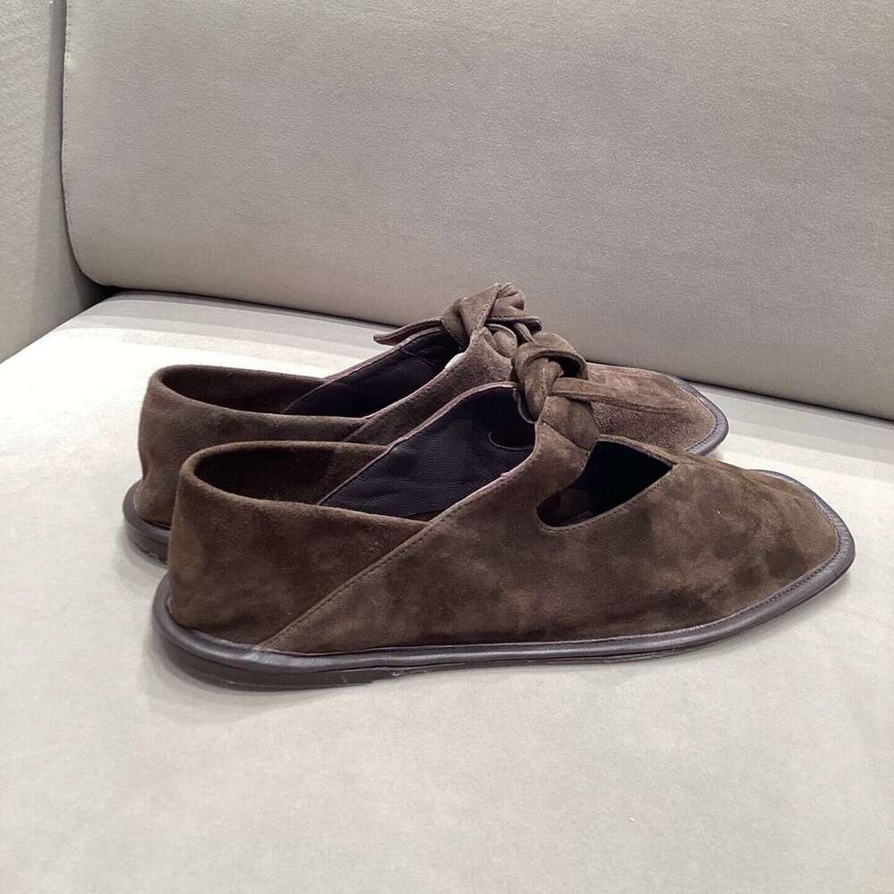 Genuine Leather Suede Niche Bowknot Step-On Two-Way Square Toe Single for Women Spring and Autumn Mary Jane Ballet Flat Shoes