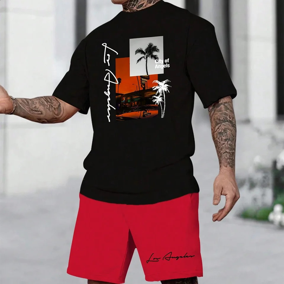 3D printed mens short sleeved fashionable Tshirt dopamine beach casual shorts set soft and comfortable 250520Z