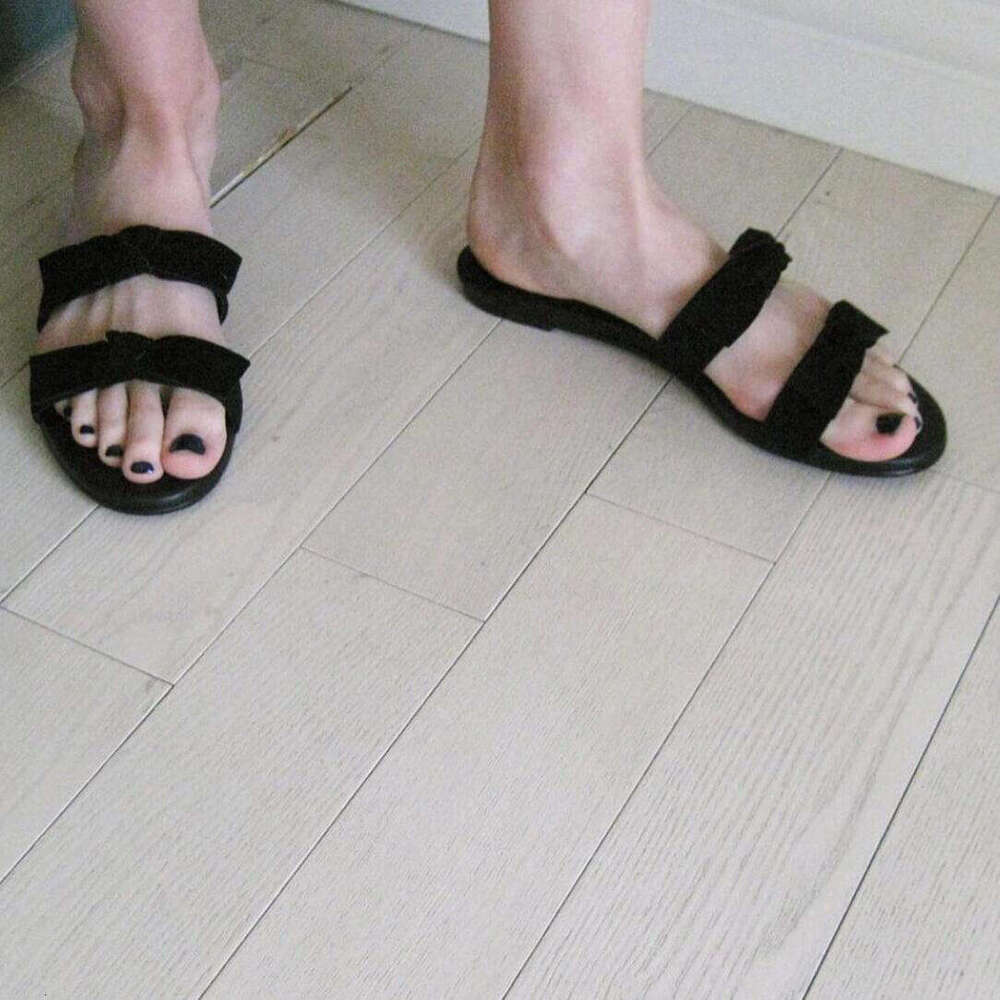Genuine Leather Velvet Bowknot One-Strap Flat Sandals for Women Summer Beach Outdoor Open-Toe Round-Toe Half Mules
