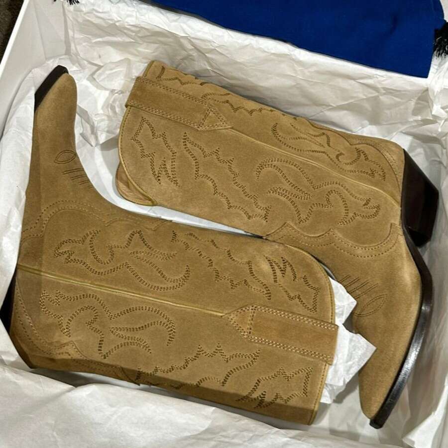 Genuine Leather Suede Niche Embroidered Western Cowboy for Women, Autumn and Winter, Chunky Heel, Pointed Toe, V-Mouth Mid-Calf Riding Boots