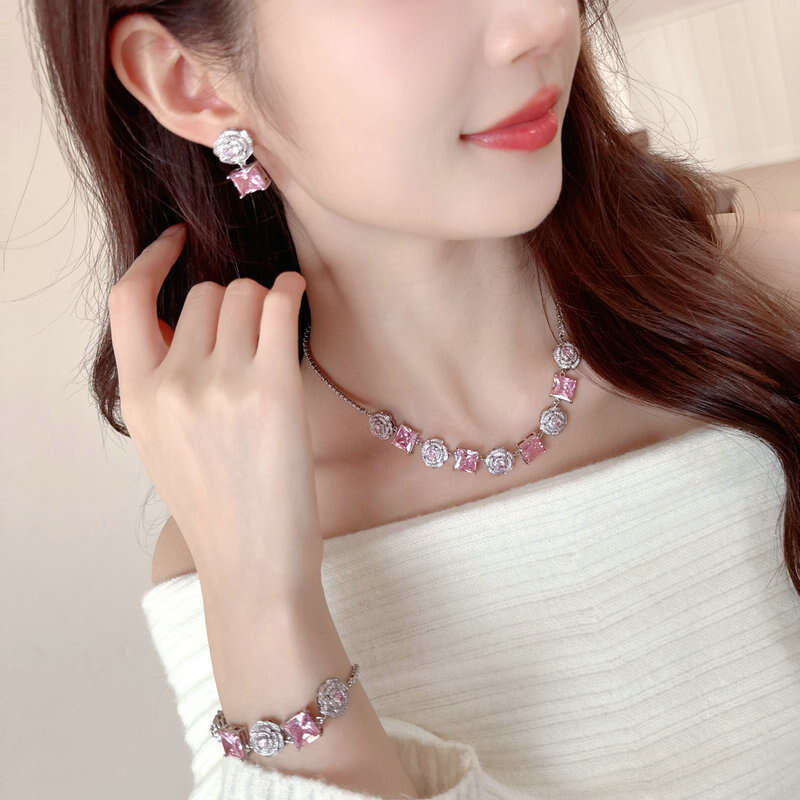 High-end Zircon Camellia Necklace Light Accessories Clavicle Chain Bracelet Earrings Dress Matching Elegant Jewelry Set