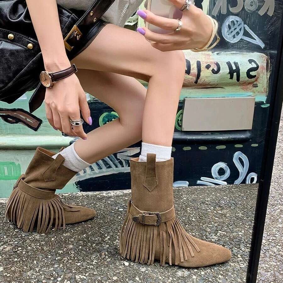 Unique Two-Way Design Fringe Pointed Toe Martin Western Cow for Women Autumn Winter Mid-Calf Flat Short Boots