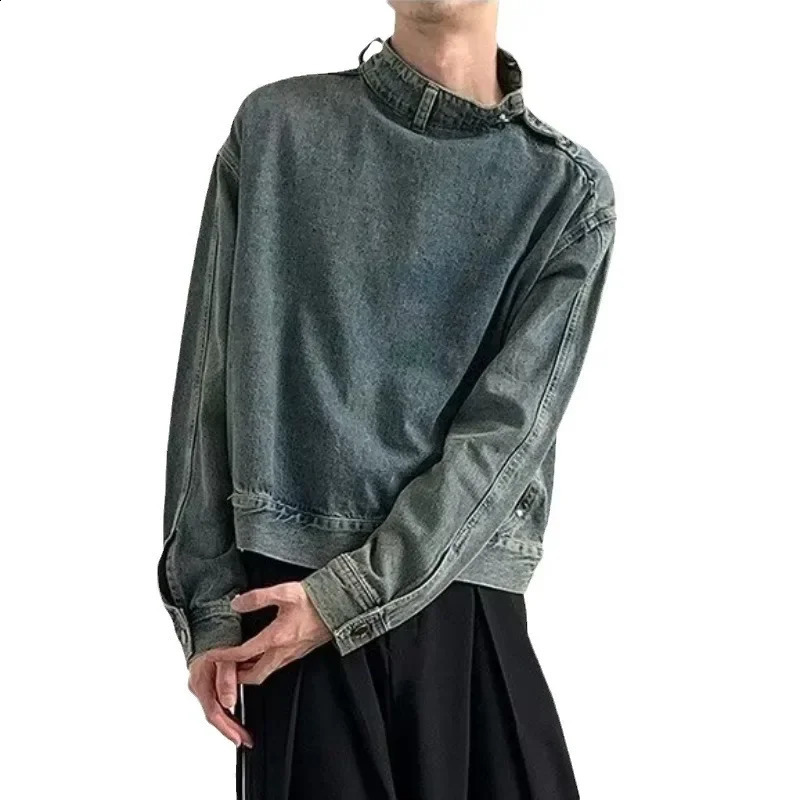 Denim Jacket Stand Collar Long Sleeve Coats Washed Distressed Outerwear Vintage Men Loose Solid Pockets Moto Biker Button 250516Z