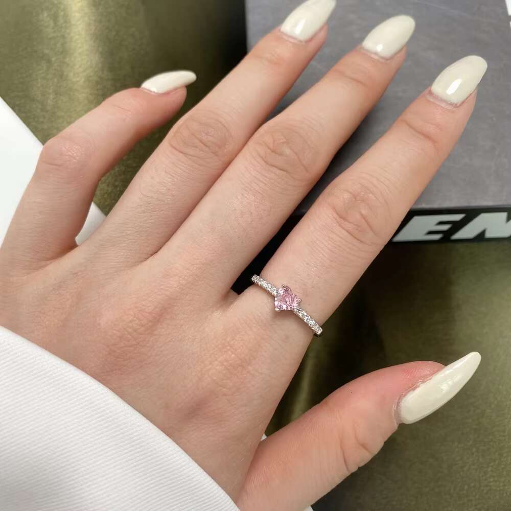 925 Sterling Silver Pink Diamond Ring Fashion Simple Love Drop Bow Full Diamond Ring for Women