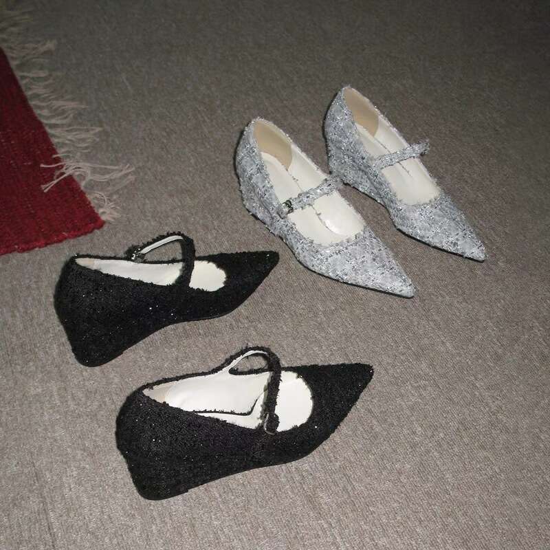 Pointed Toe Wedge Tweed Single for Women 2024 Spring Summer Versatile Shallow Mouth High Heels One Strap Mary Jane Shoes