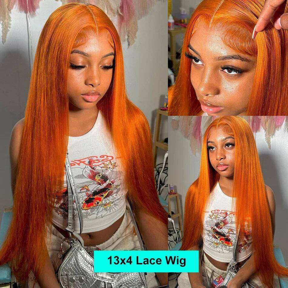 Straight Ginger Orange Human Hair Wig 30 Inches Lace Front 13x6 13x4 HD Frontal Colored Wigs Pre Plucked For Women 200 Density