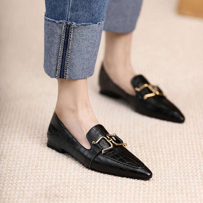 French Style Genuine Loafers Pointed Toe Metal Buckle Flat Small Slip-On Low Heel Mid-Open Soft Leather Single Shoes