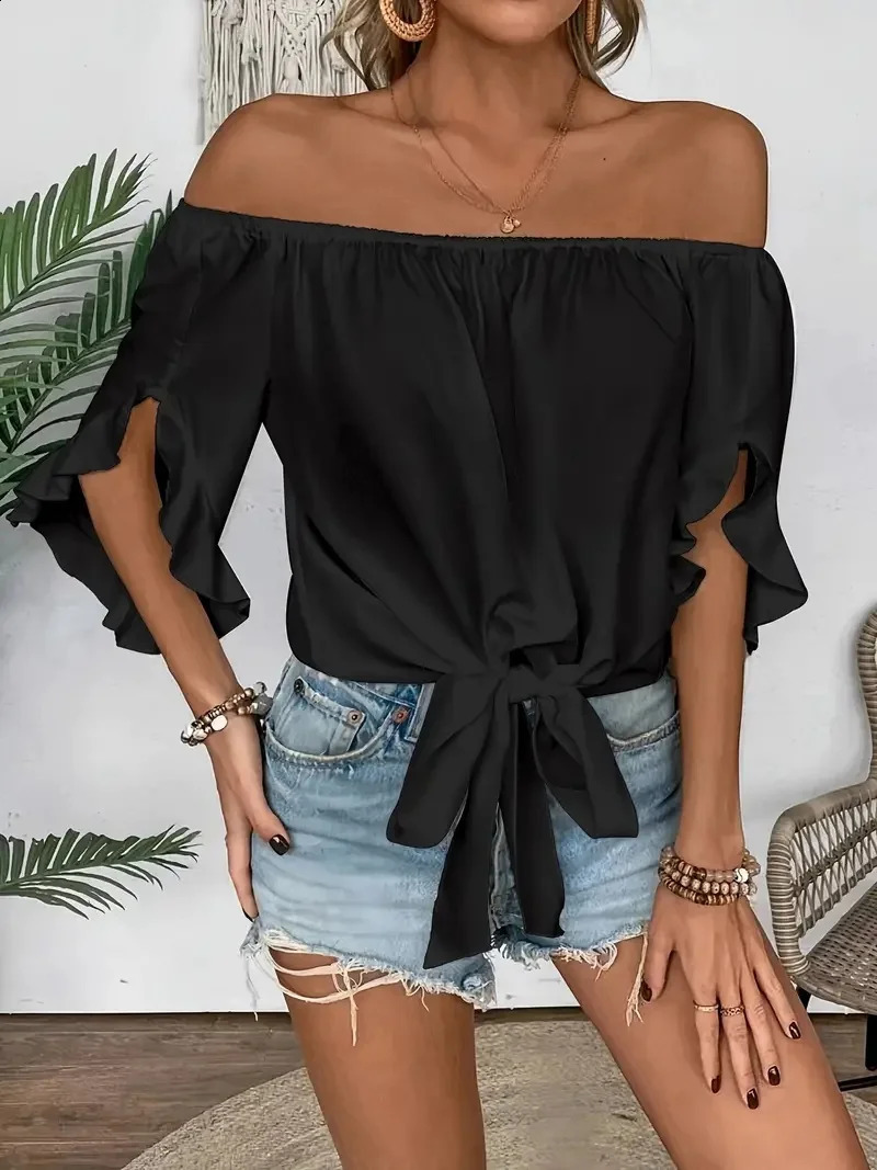 Summer One Shoulder Short Sleeved Tops for Women Solid Color Ruffle Sleeve TShirt Ladies Casaul Elegant Top Bow Tie Club Party 250517