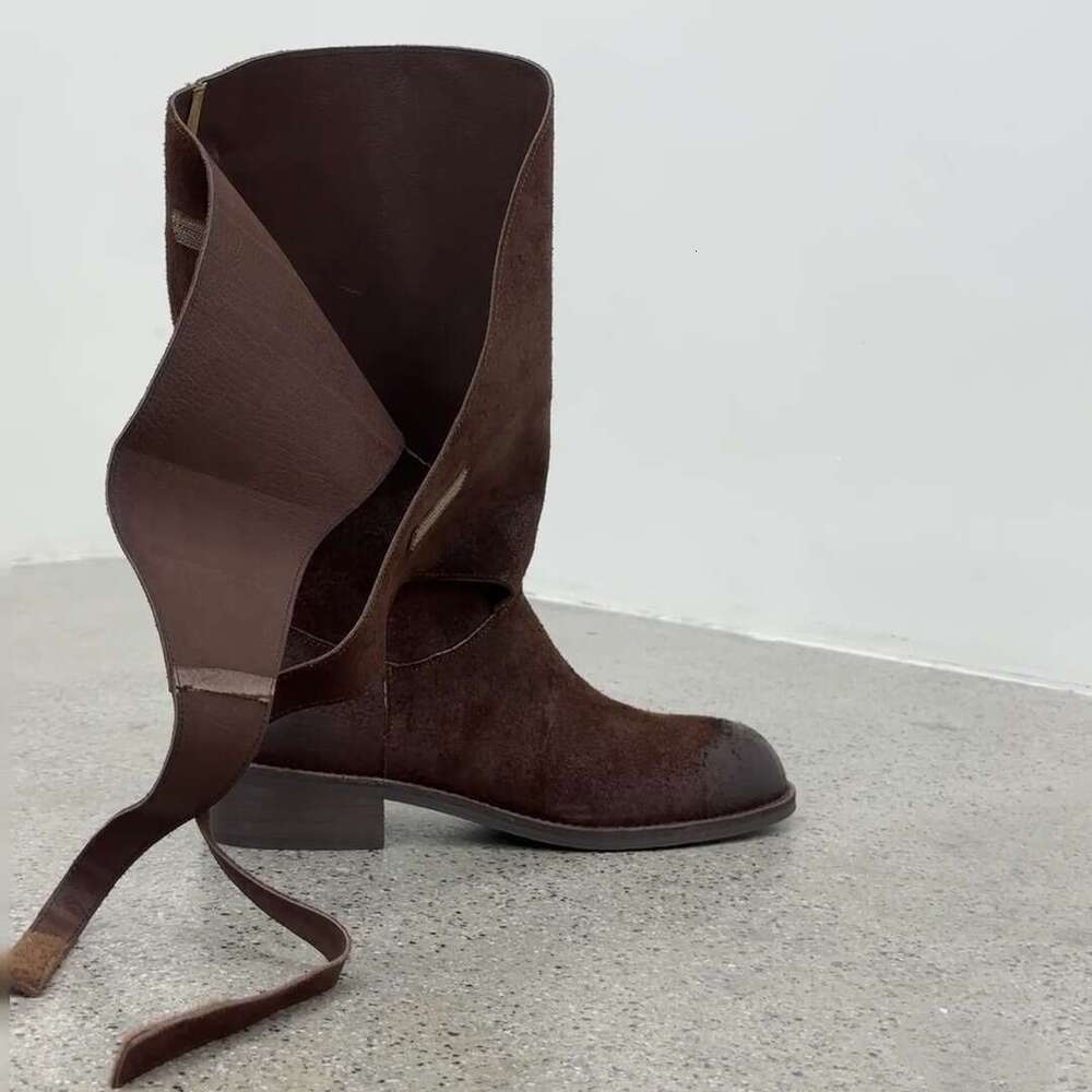 Niche Vintage Style Long Riding for Women Autumn Winter Thick Heel Round Toe Mid-High Boots