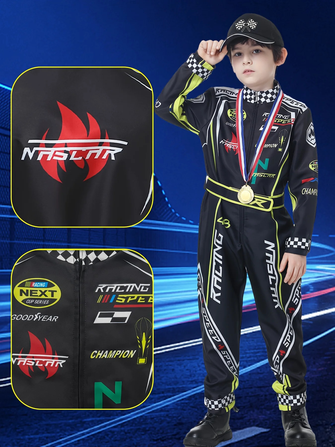 Racing driver costume boys racing jumpsuit 4pcs/set cosplay car hat childrens Halloween costume racing suit set 250528
