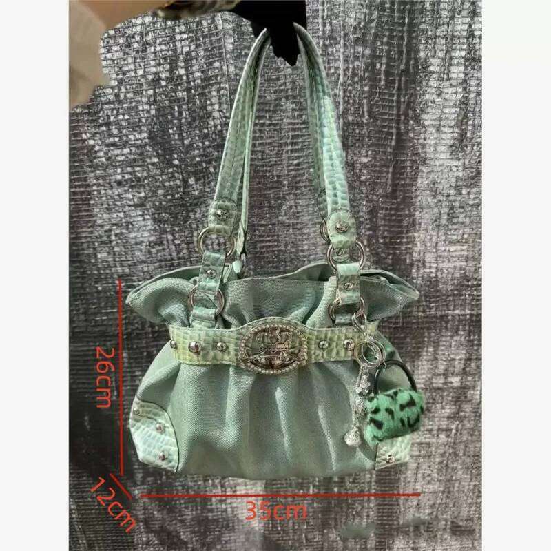 Belt Design Streetwear Green Zipper Y2k Girl Shoulder Pleated Fashion Underarm Bags Rivet Gothic Women's Handbags