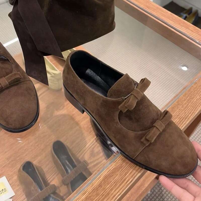Genuine Korean Style Niche Design Double Strap Bowknot Deep Mouth Loafers Women's Small Leather Autumn Winter New Versatile Single Shoes
