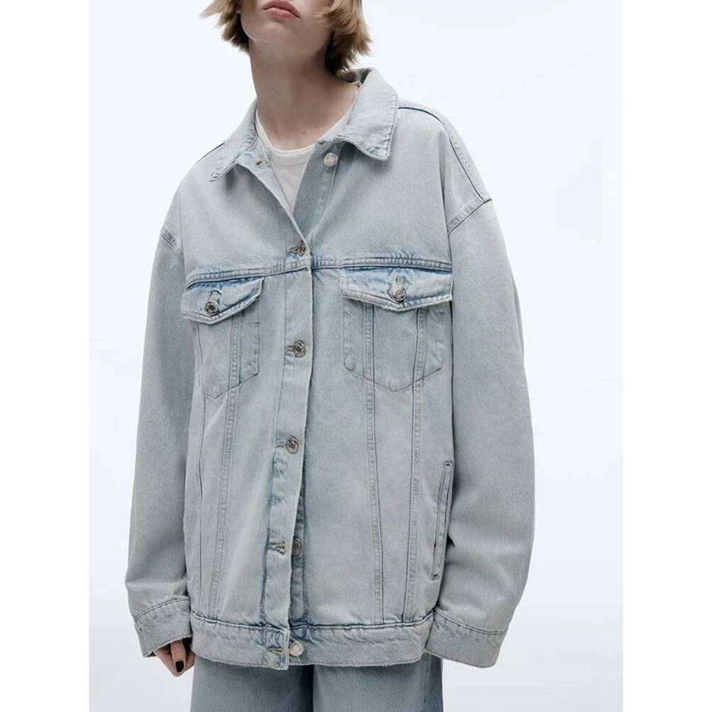TRAF Women's Fashion Vintage Washed Single Breasted Long Sleeve Lapel Hundreds of Bottom Denim Shirt Jacket