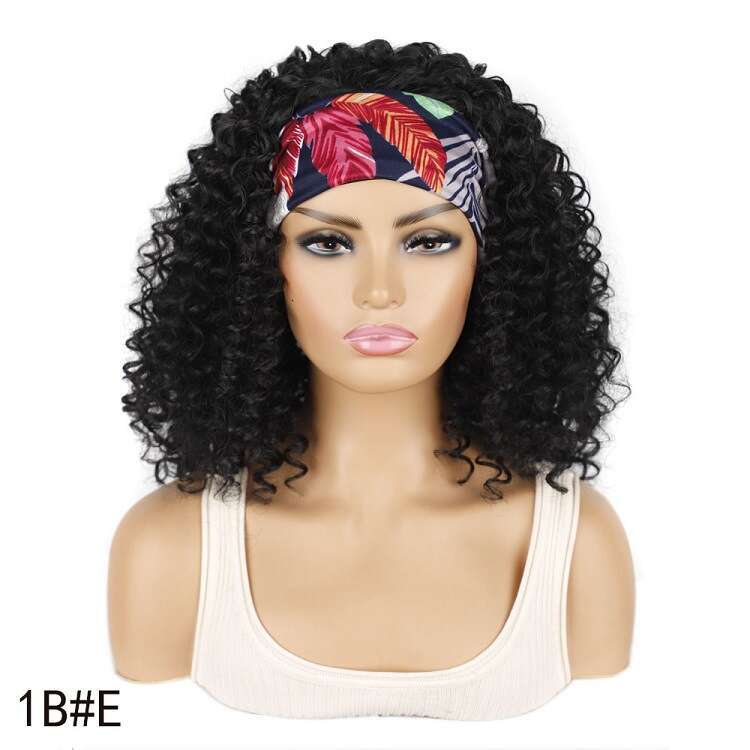 Women's wig Short 19Inch Deep Black Curly Hair Band Ice Silk Hairband Set Wig