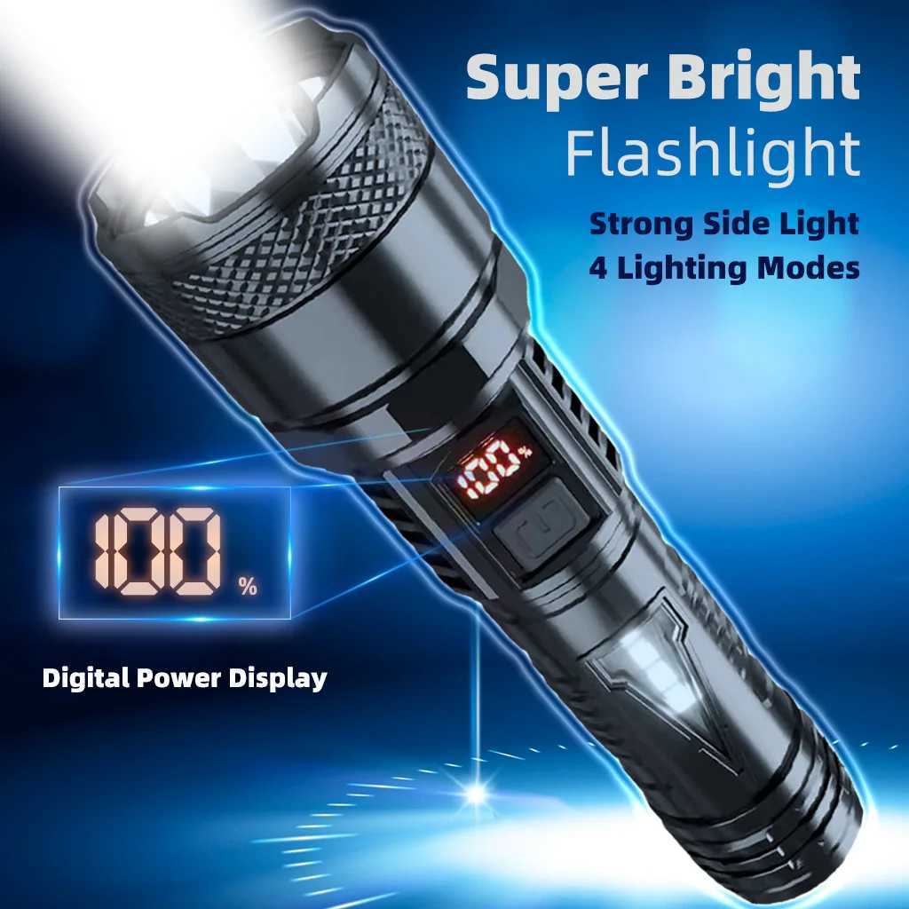 High Power Long-range Lantern Super Bright LED Flashlight USB Rechargeable Tactical Torch With Sidelight Lamp Waterproof Outdoor XJ250529