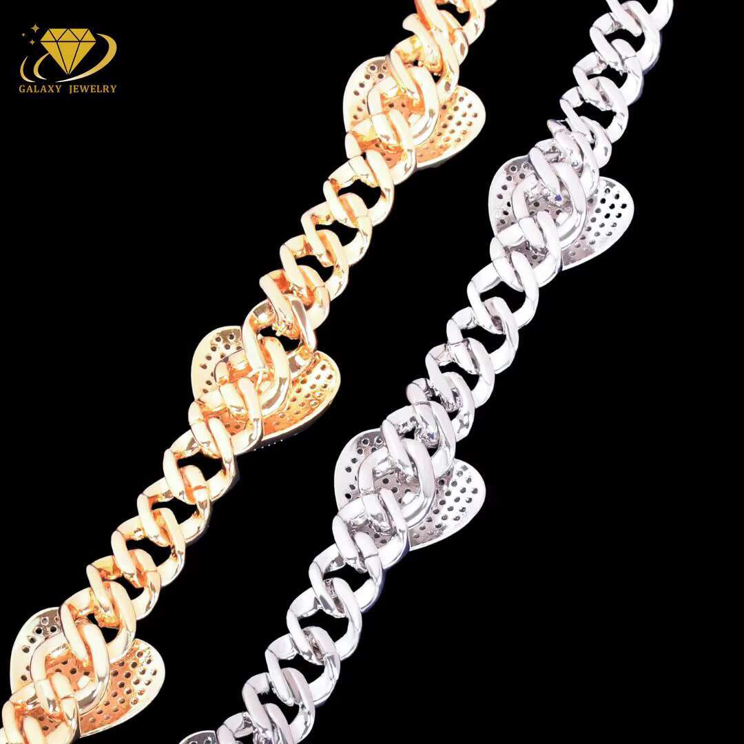 Factory Wholesale Cuban Necklace Hip Hop 14mm Love Heart Moissanite VVS Full Iced Out Diamond Solid 925 Silver Cuban Link Chain