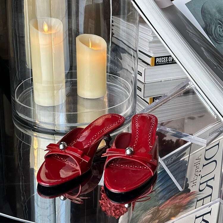 Genuine Patent Leather French Style Elegant Kitten Heel Stiletto Bowknot One-Strap Sandals for Women Outdoor Summer 2025 Slippers