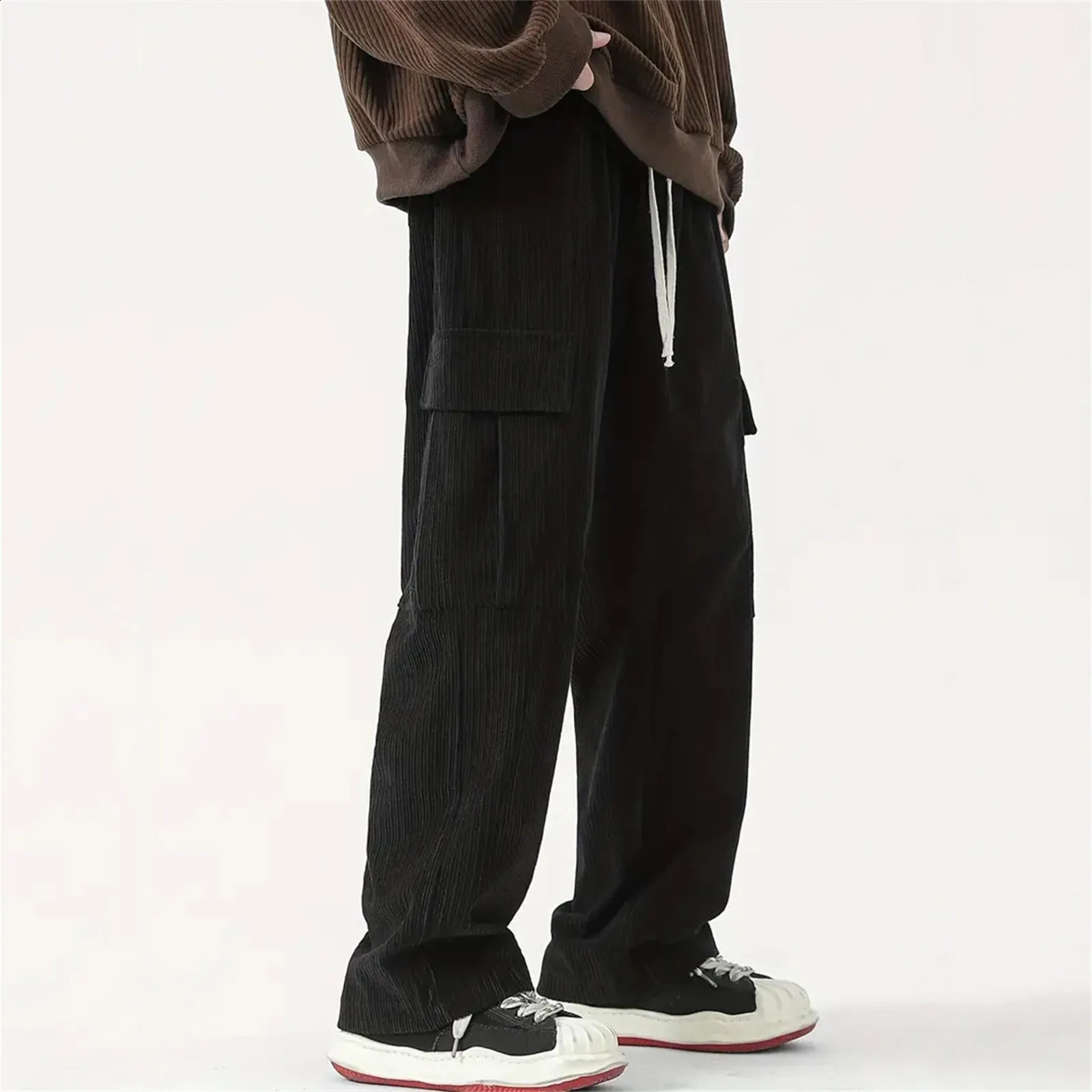 Mens Fashion Cargo Pants Corduroy Casual Workwear Straight Wide Leg Loose Versatile Elastic Waist Trousers With Drawsting 250527
