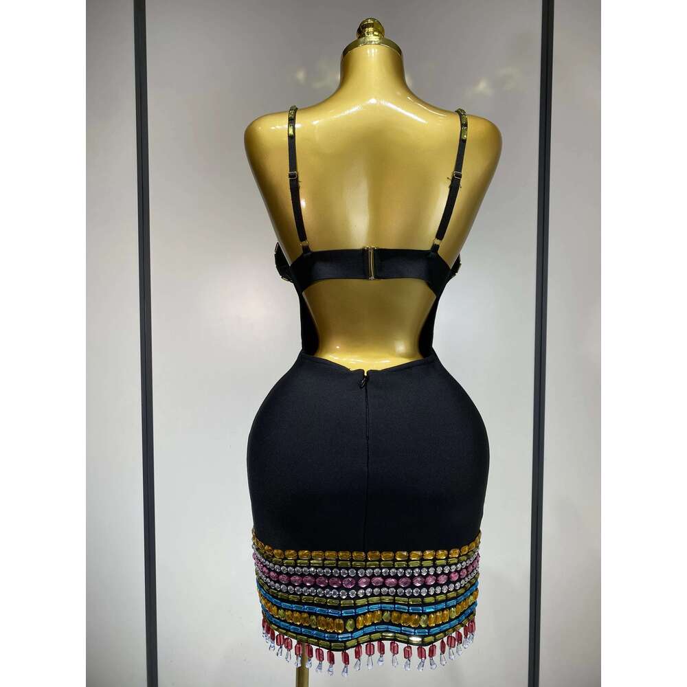 Sparkly Colorful Dias V Neck Black Bodycon Bandage Dress 2025 Celebrity Elegant Evening Club Party Birthday Dresses