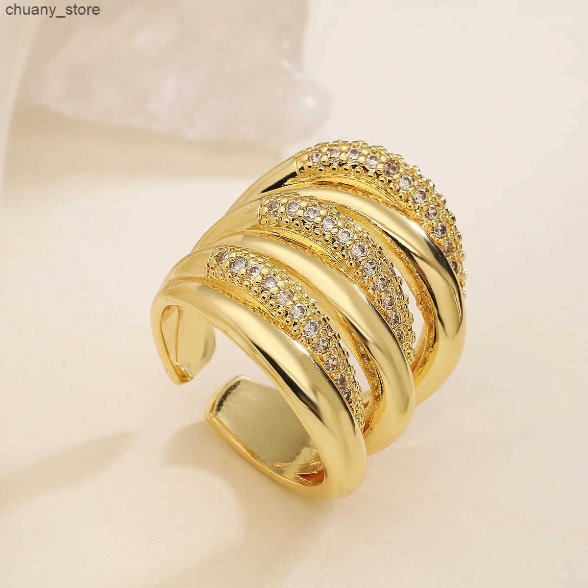 Glamorous Gold Color Adjustable Band Ring For Women Girls Delicate Cubic Zirconia Jewelry z250529YZXW