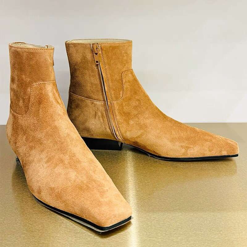 Korean Style Melard Side Zipper Suede Square Toe Slim Short Autumn Winter Fleece Lined Low Heel Martin Women Boots