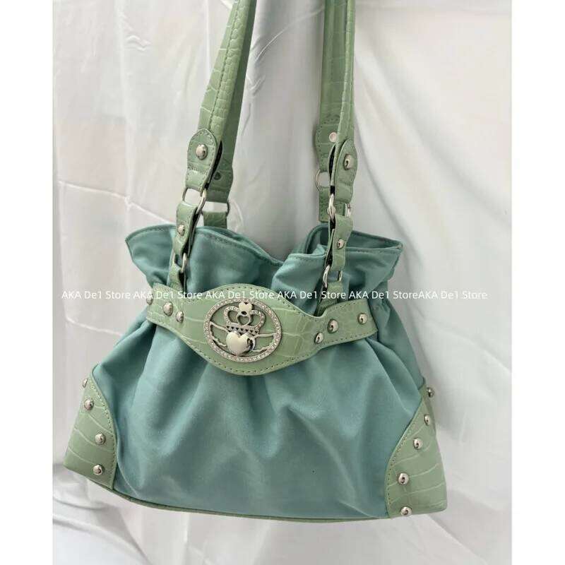 Belt Design Streetwear Green Zipper Y2k Girl Shoulder Pleated Fashion Underarm Bags Rivet Gothic Women's Handbags