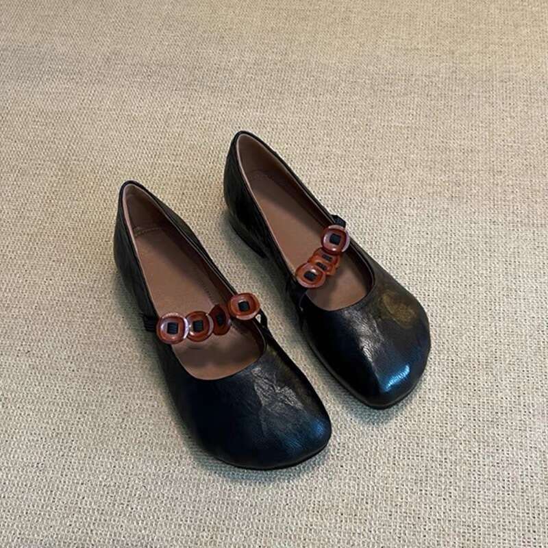 Genuine Leather French Style Round Toe Chunky Heel Single for Women, New Autumn One-Strap Shallow Mouth Mary Jane Ballet Shoes