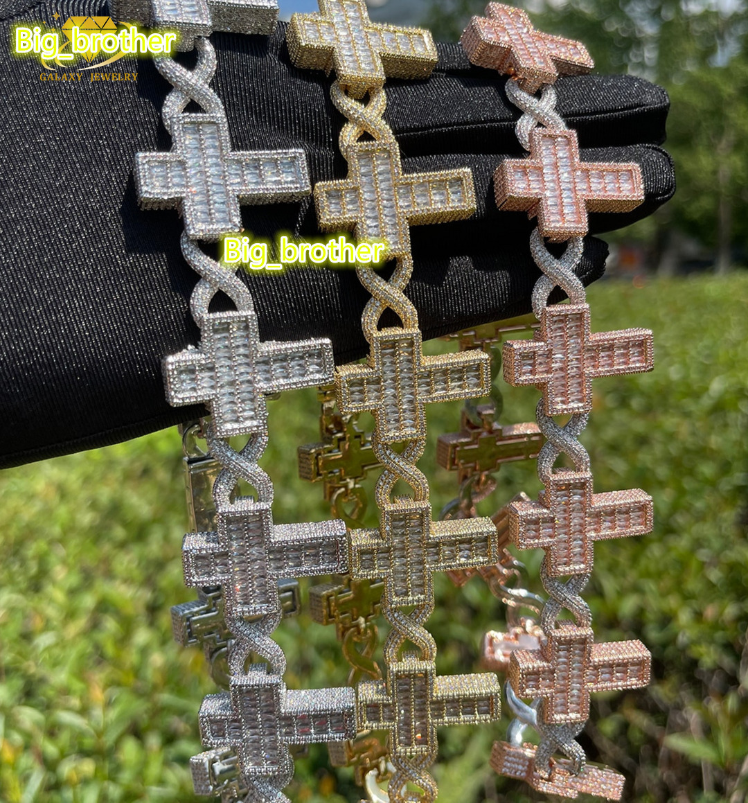 Hip Hop Iced Out 20mm Certified Chains Colorless Moissanite Diamond Bracelet Baguette Cross Infinity Cuban Link Chain Necklace