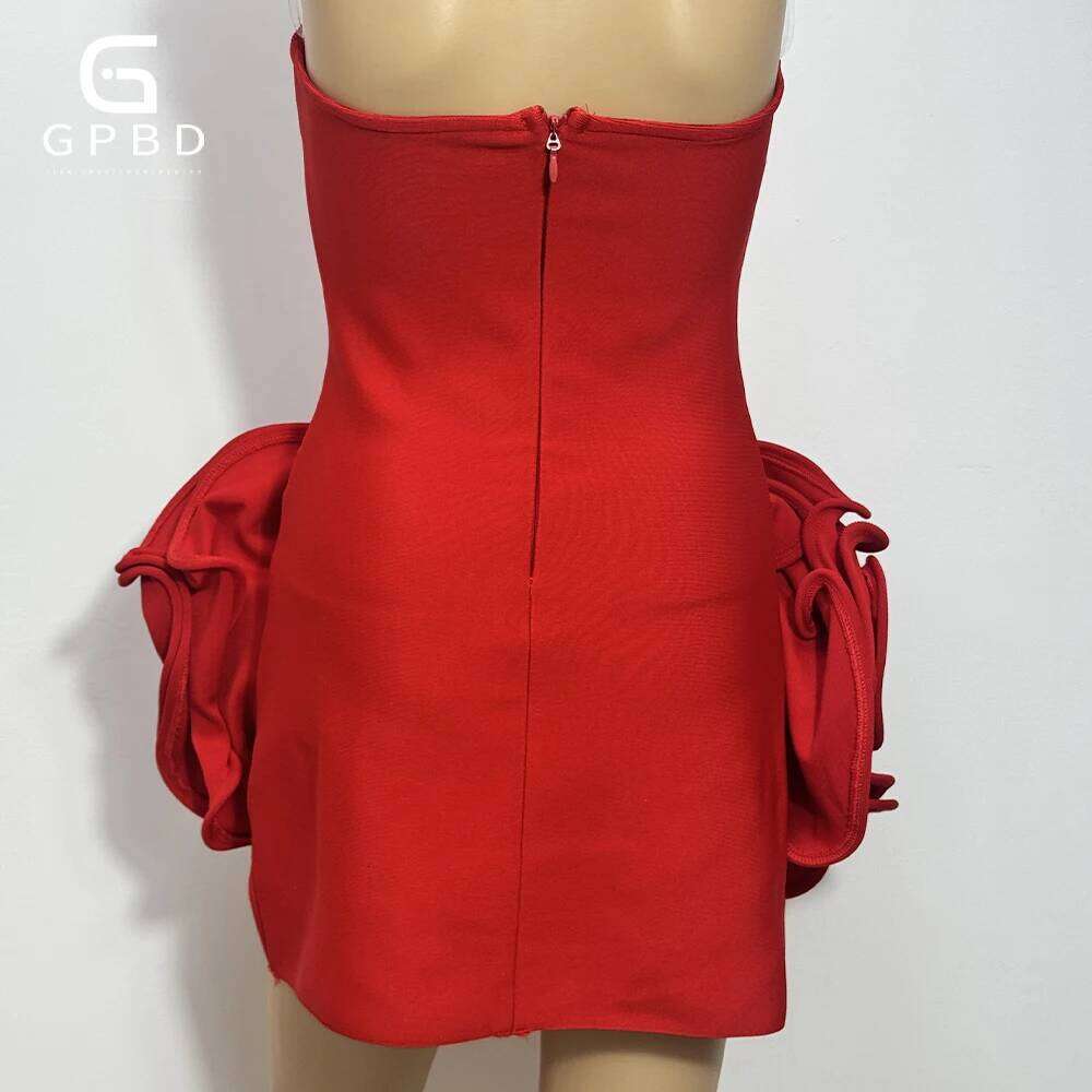 GPBD New Women's Sexy Strapless Handmade Three-Dimensional Big Flower Tight Mini Bandage Elegant Holiday Party Dress