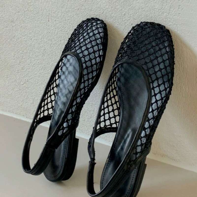 Genuine Leather Korean Style Mesh Fishnet Toe Sandals for Women 2025 New Summer Niche Flat Backless Slippers Single Shoes