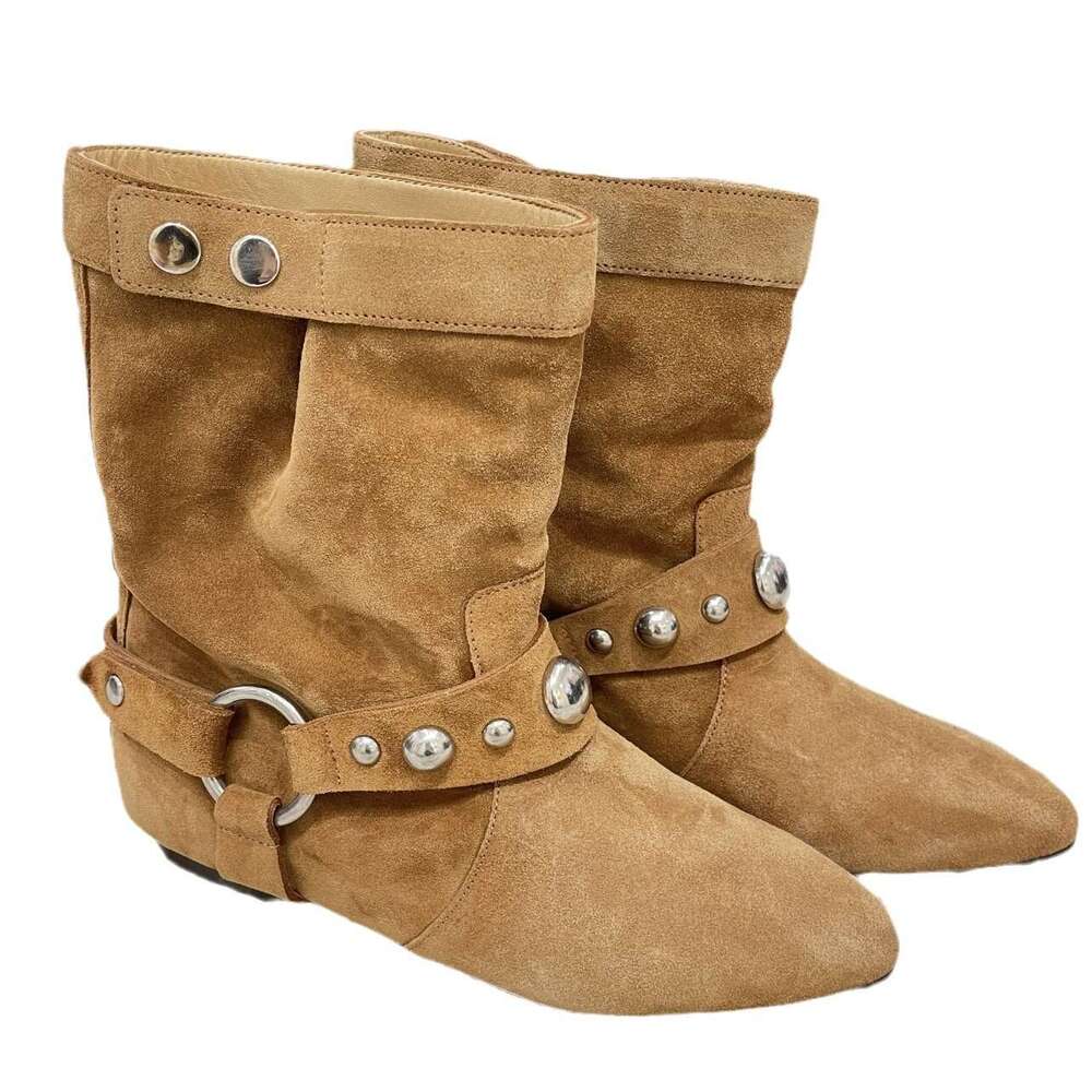 Genuine Leather Suede Niche Studded Chunky Heel Flat Pointed Toe Western Cowboy Short Women Autumn Winter New Martin Boots